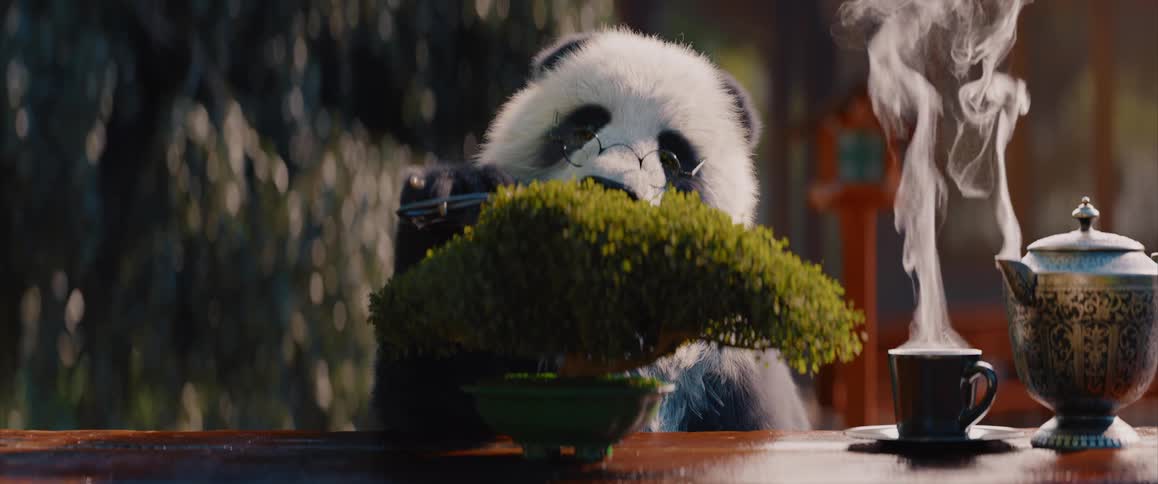 Panda wearing glasses cutting and trimming a bonsai tree next to a coffee pot emitting smoke