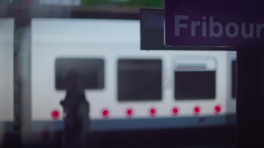 A person walking past a subway train with a blue sign with white writing