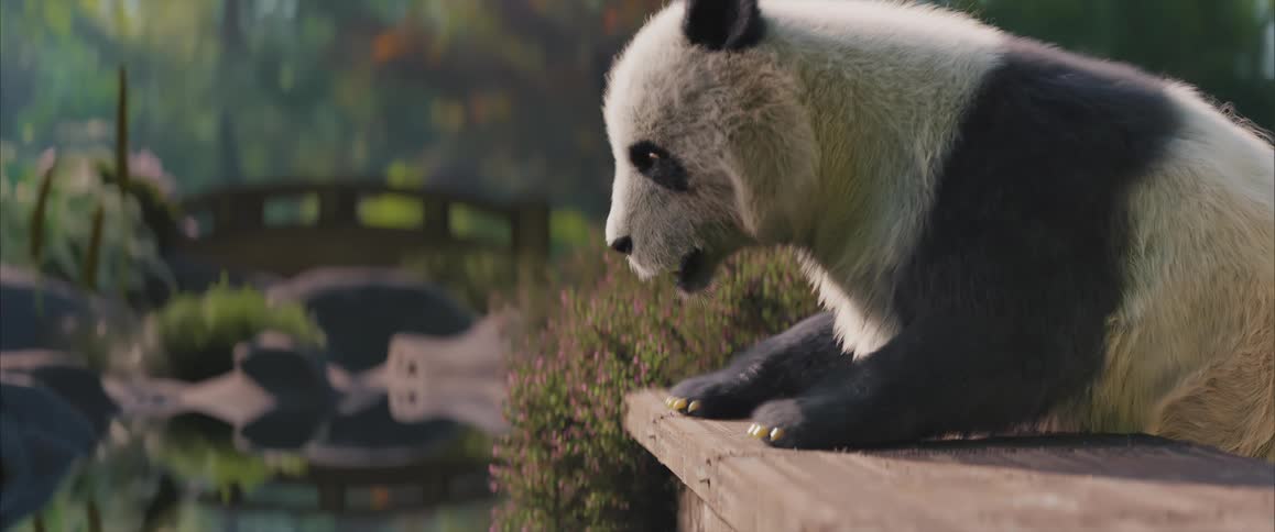 A cgianimated panda is sitting on a wooden platform near a pond with a stone bridge in the background surrounded by lush vegetation and colorful flowers