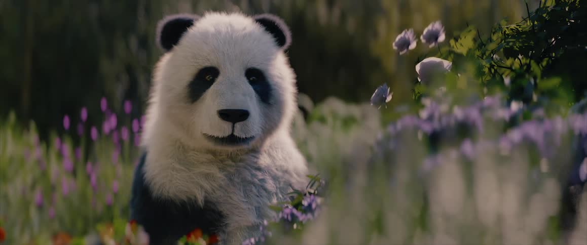 Panda in a field with flowers with a butterfly flying