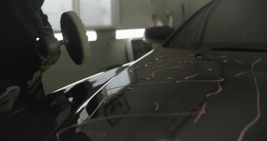 Man spreading silicone on the hood of a vehicle