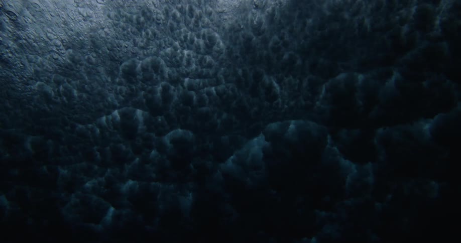 An underwater view of an ocean wave rolling on the surface showcasing the dynamic movement and textures