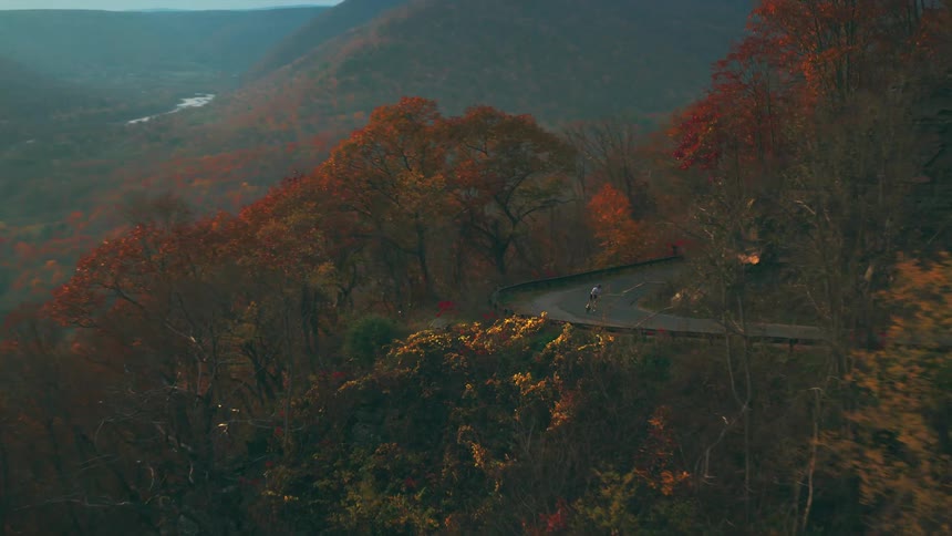 Cyclist rides on a winding road surrounded by trees with orange leaves in autumn