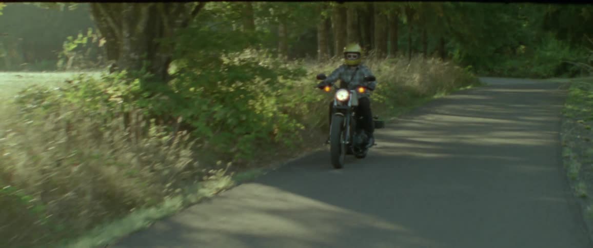 A person wearing a yellow helmet and sunglasses drives a motorcycle down a rural street with roadside trees and grass rushing by in blurred sundappled motion