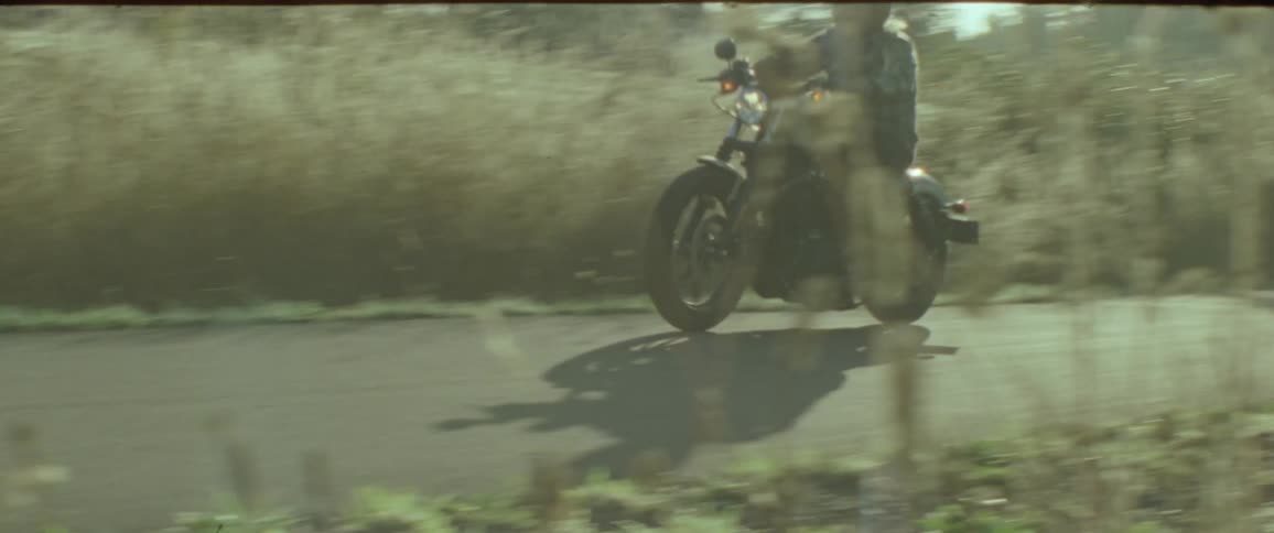 A person wearing a helmet is riding a motorcycle on a paved road surrounded by tall grass and trees