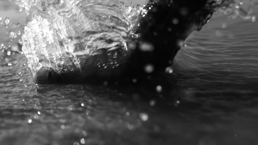 A persons hand passing over the surface of the water and making some flashes upwards and everything is in black and white tones