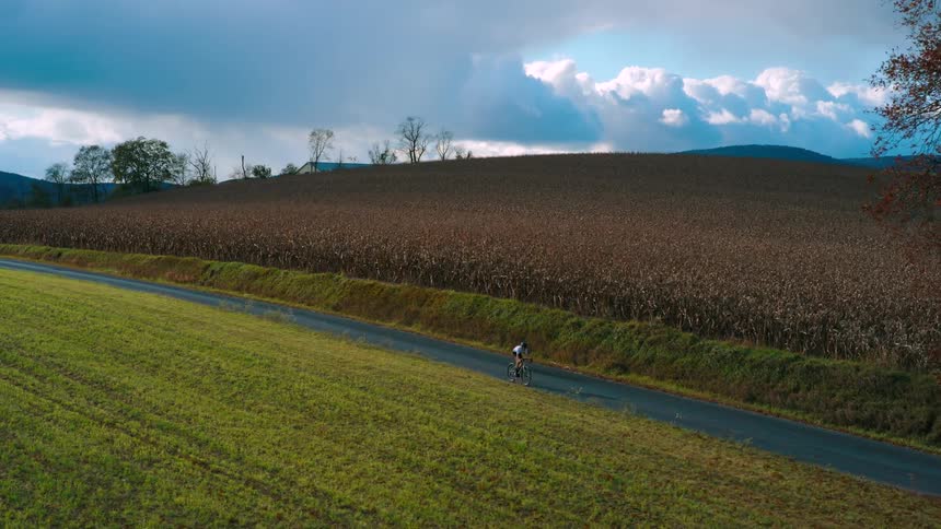 Aerial view of a person cycling on a paved road surrounded by agricultural fields
