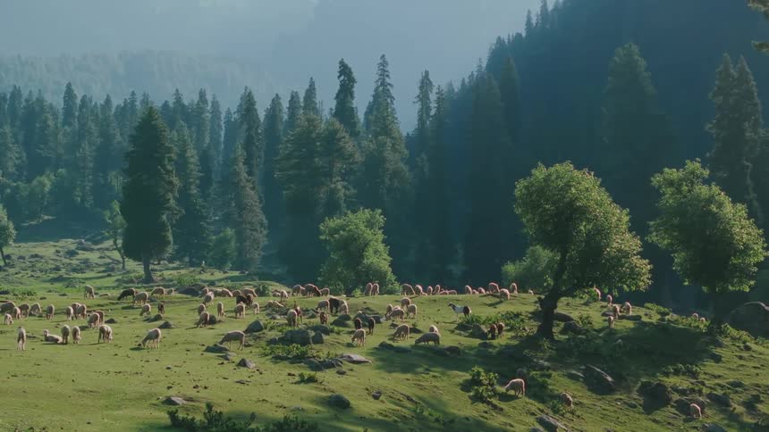 Herd of goats aerial grazing on grassy hillside in the countryside