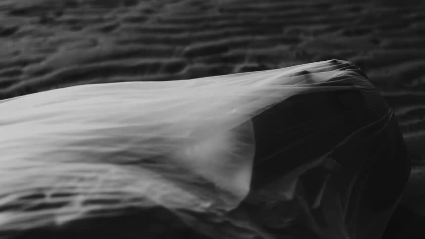A person lies on the sand covered by a large piece of translucent fabric billowing in the wind