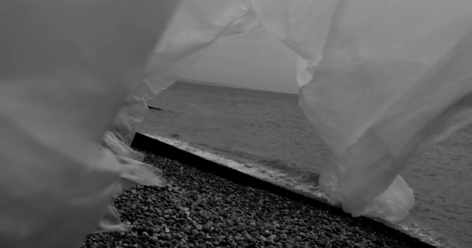 Translucent fabric waves gracefully in the wind against a beach landscape creating soft flowing folds