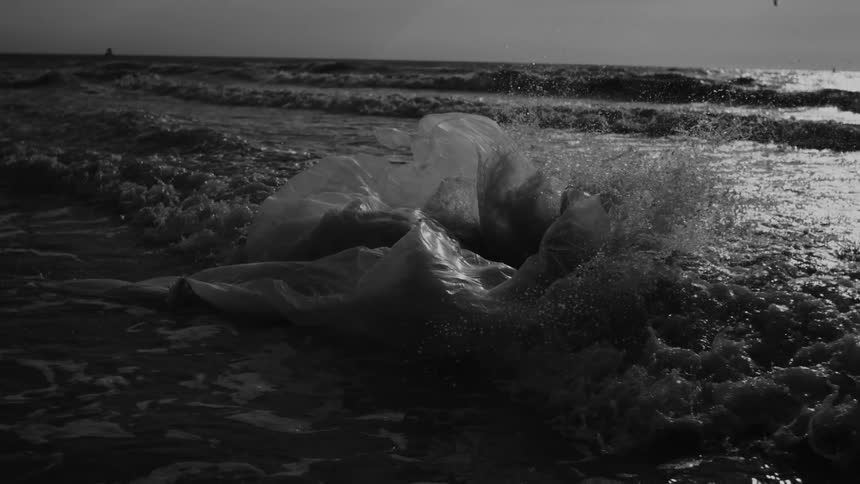 Wave hits a fluttering fabric at the seashore in a dramatic monochrome scene
