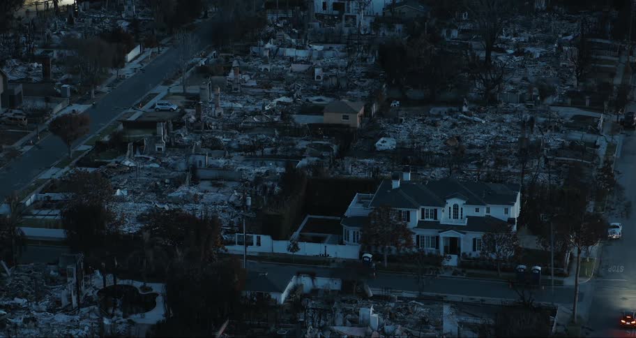 Aerial view of a destroyed urban neighborhood