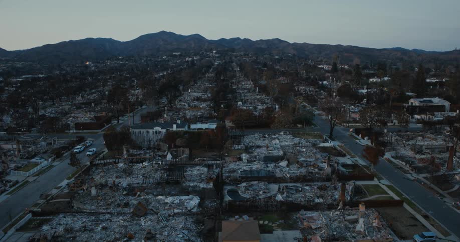 Aerial view of destruction in an urban neighborhood