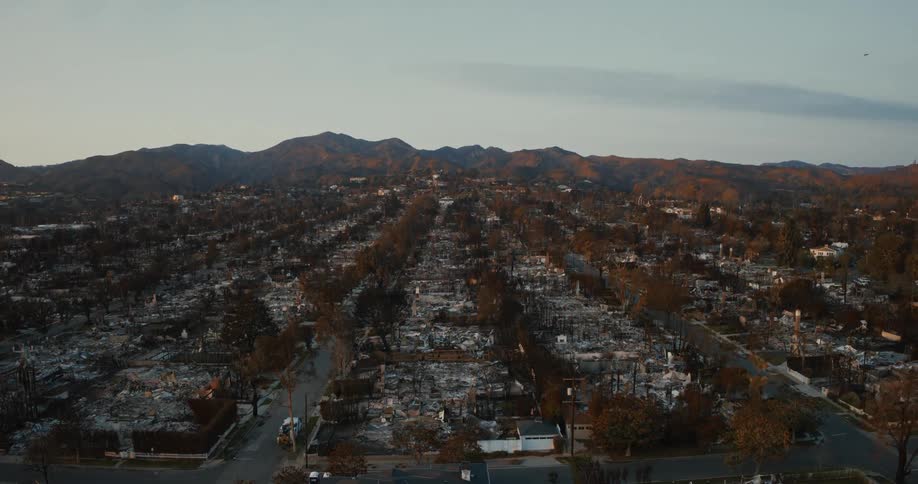 Aerial view of a destroyed urban city