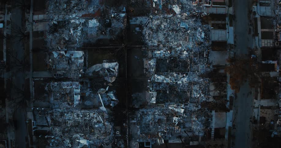 Aerial view of a destroyed urban neighborhood