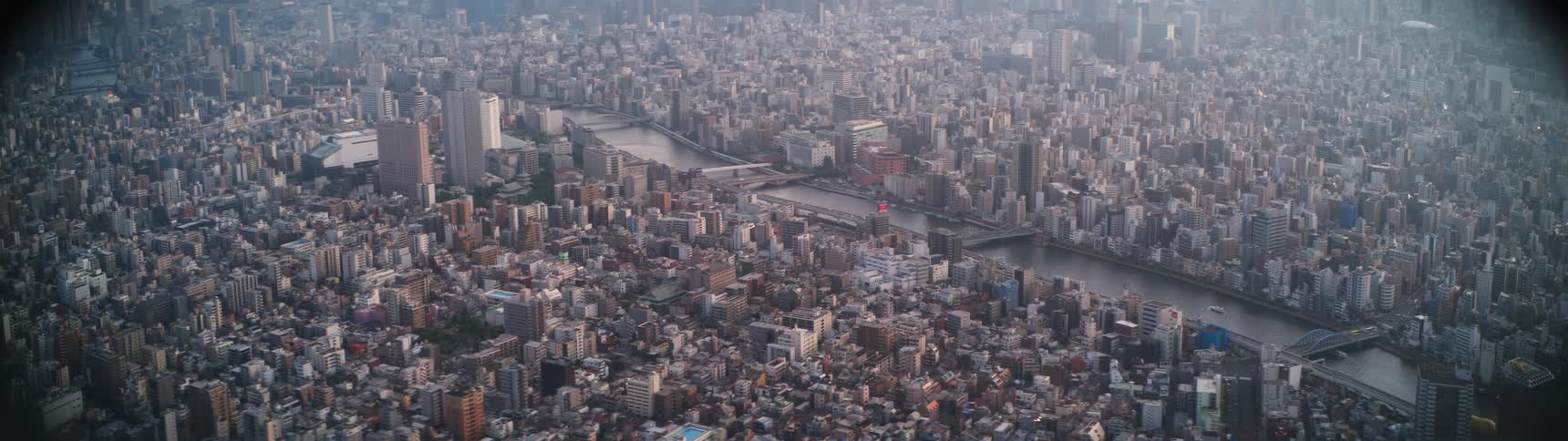 Aerial view of a metropolis with a sea canal