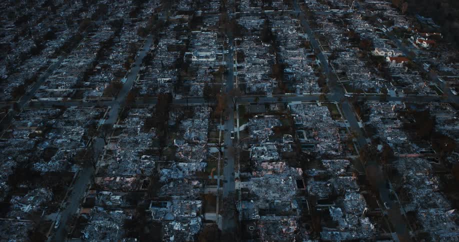 Aerial view of the charred remains of a suburb after a raging forest fire showing destroyed houses cars and buildings