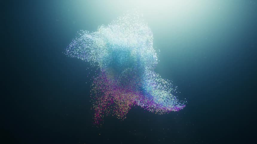 Swarm of glowing particles in shades of blue and purple float in a dark ethereal environment
