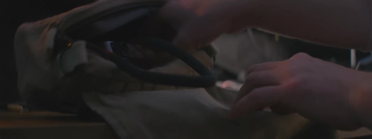 A person takes a camera out of a brown handbag