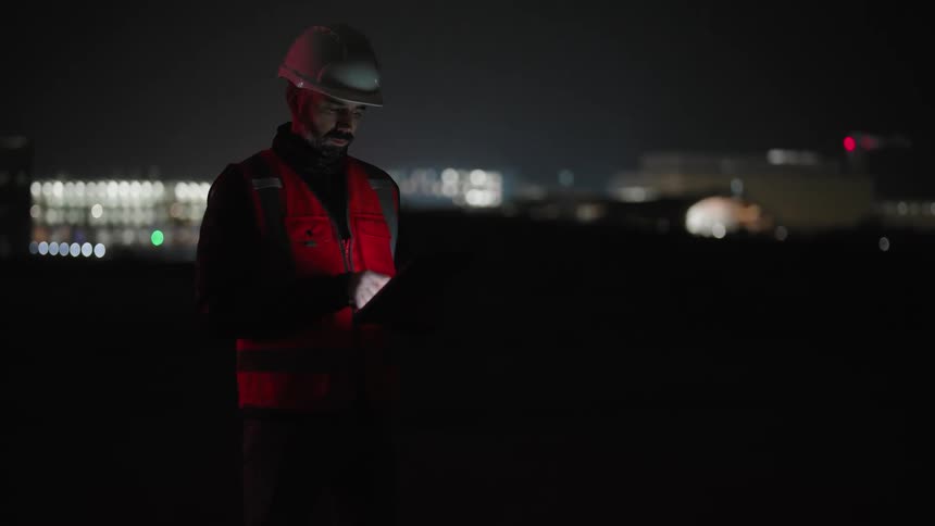 A person wearing a hard hat and a reflective vest uses a tablet at night with an illuminated cityscape in the background