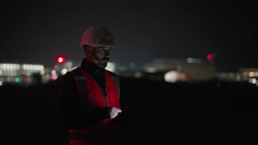 Worker wearing reflective vest and hard hat holds tablet at night with city lights in background
