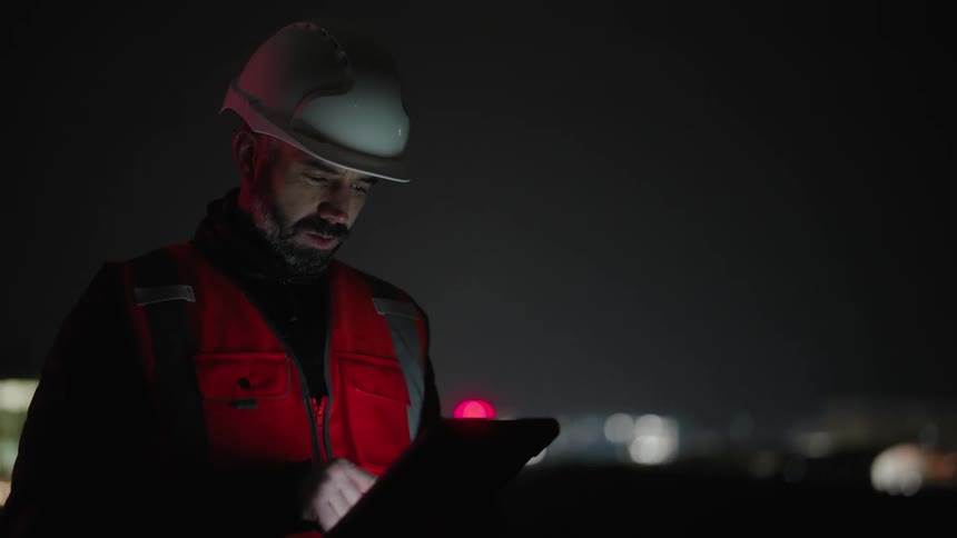 A man in a white construction helmet and wearing an orange vest is using a tablet at night and making gestures with his hand