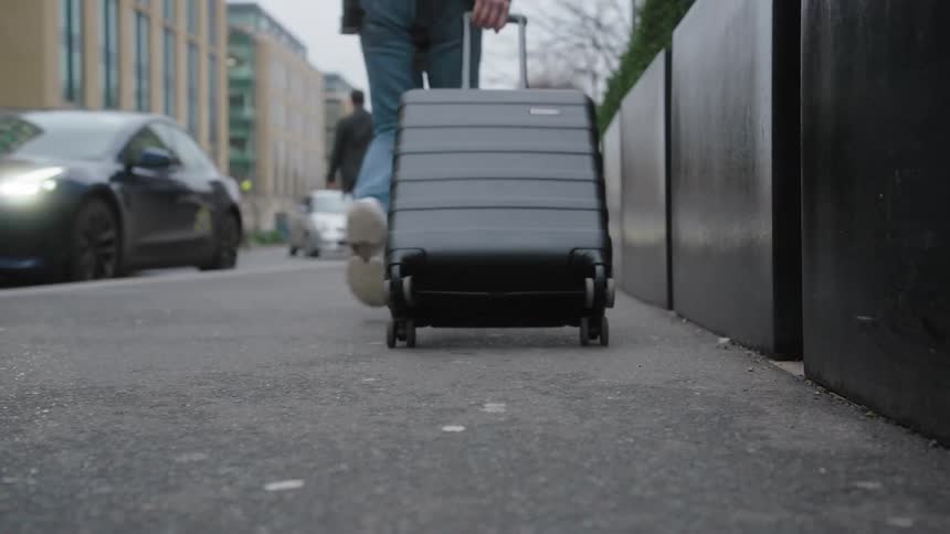 Person walks along the sidewalk pulling a wheeled suitcase amidst the urban movement