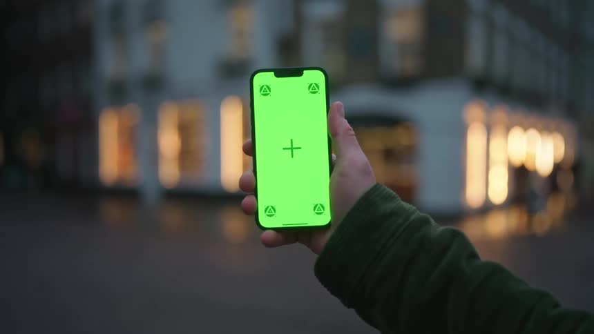 A hand is holding a smartphone with a bright green screen displaying a crosshair and four triangular symbols in front of a city street