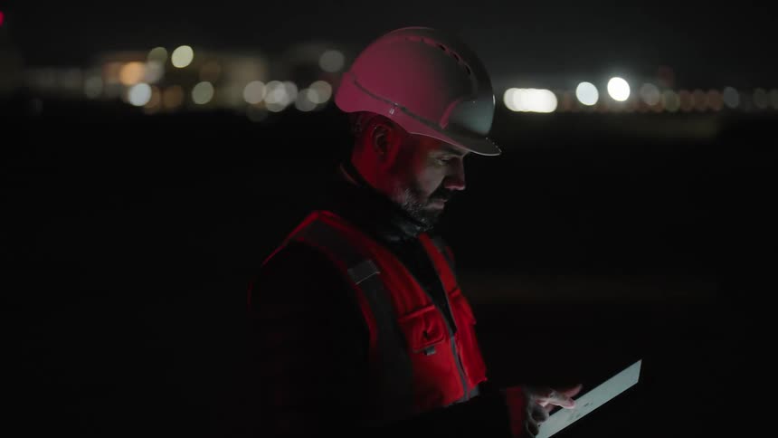 A person wearing a hard hat and a reflective vest uses a tablet at night with an illuminated cityscape in the background