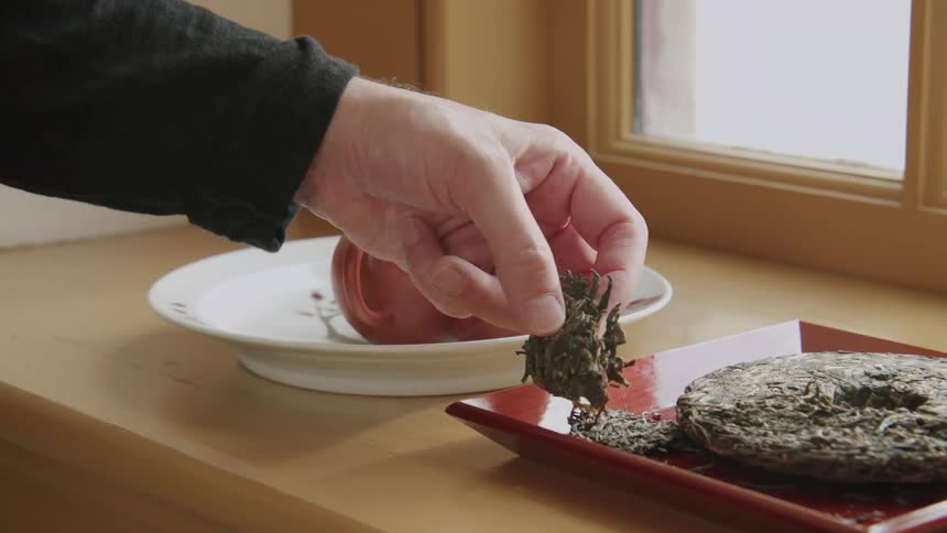 Hand places dry tea leaves into a small ceramic teapot on a decorated plate