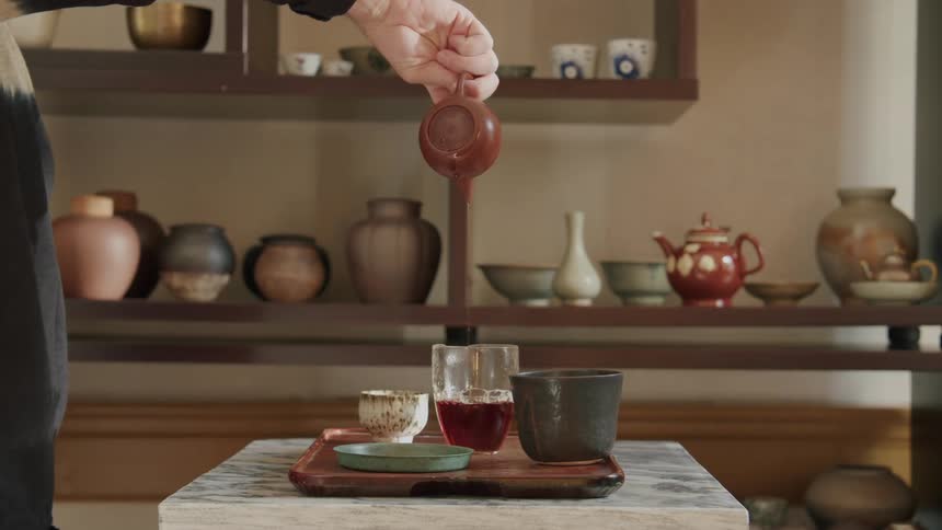 Person serves hot tea in a glass cup on a tray in a traditional setting with ceramics in the background