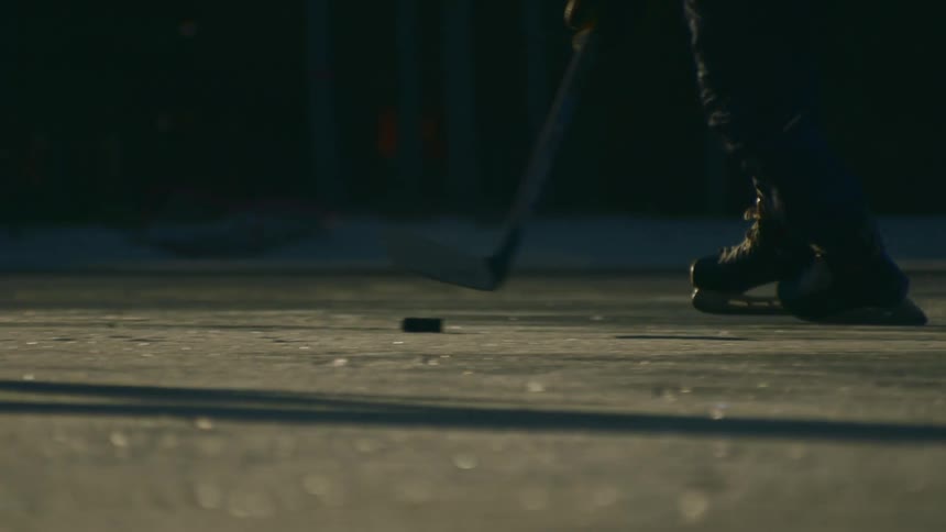 Two people fight for the puck in a hockey match