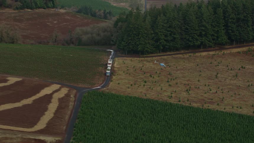 Helicopter flying low over a plantation surrounded by forest with trucks on the road nearby