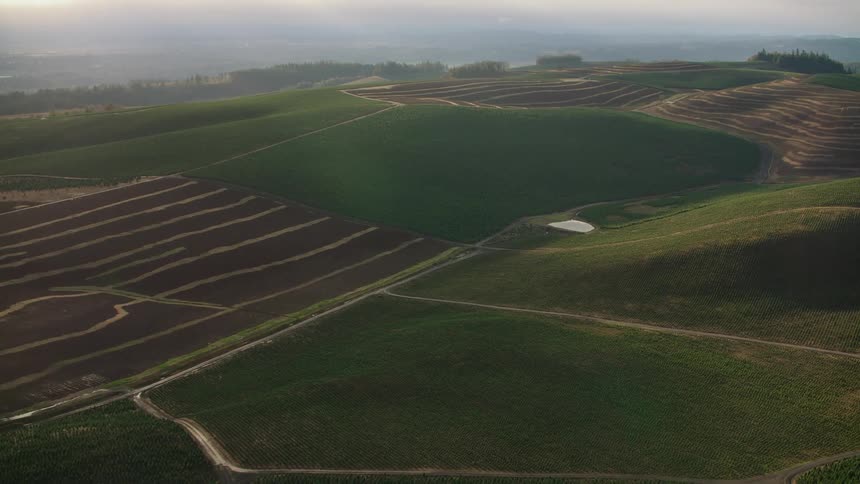 An aerial shot shows a vast landscape of rolling hills with cultivated fields under a cloudy sky