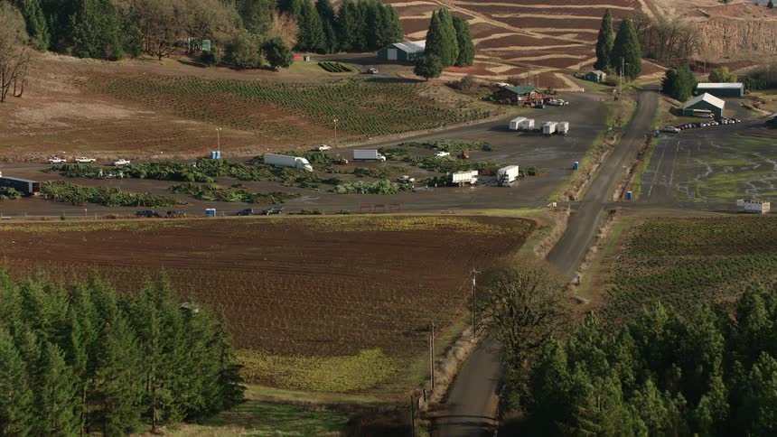 An aerial view of a large agricultural area with rows of plants various structures and vehicles showcasing a wellorganized farming operation