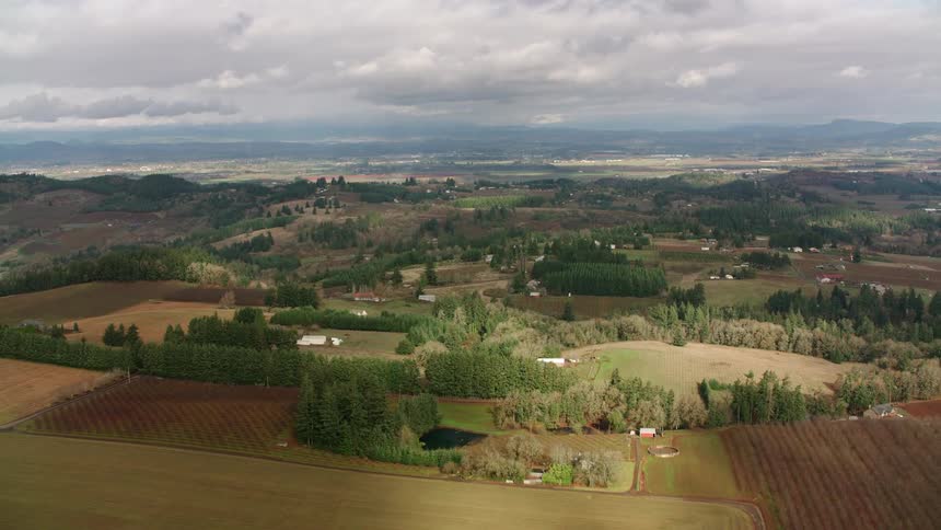 Rural landscape with hills plantations and small properties under a cloudy sky