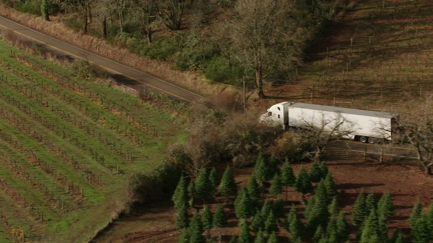White truck traveling down a simple road surrounded by agricultural fields
