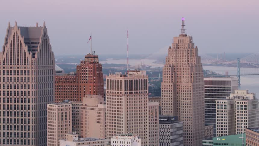 Aerial view of high rise buildings in a downtown area of a city