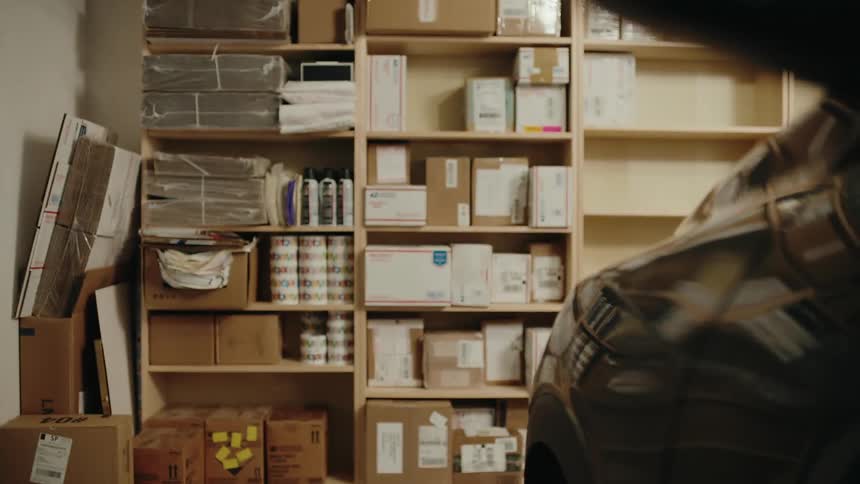 A mail room with shelves full of packages boxes and other mail supplies comes into focus