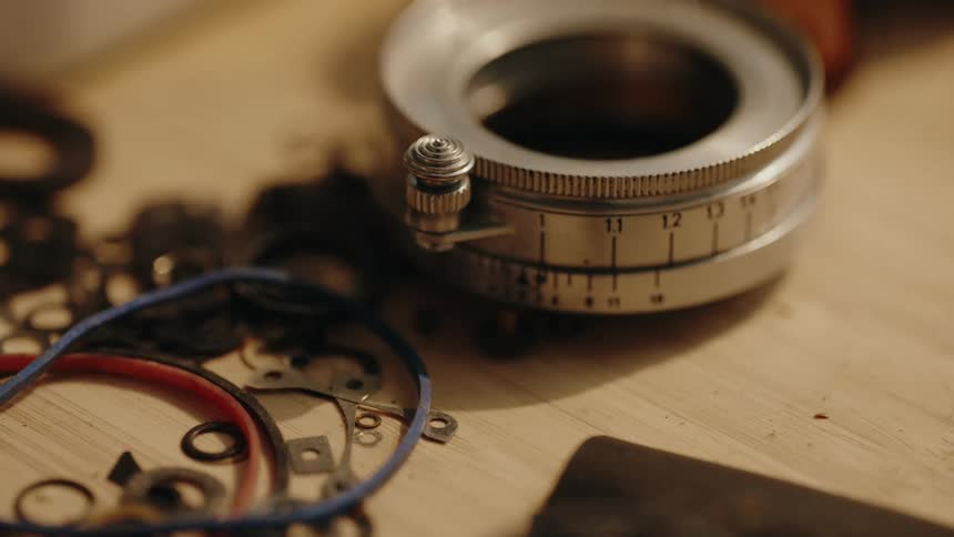 Close up of vintage metal camera parts