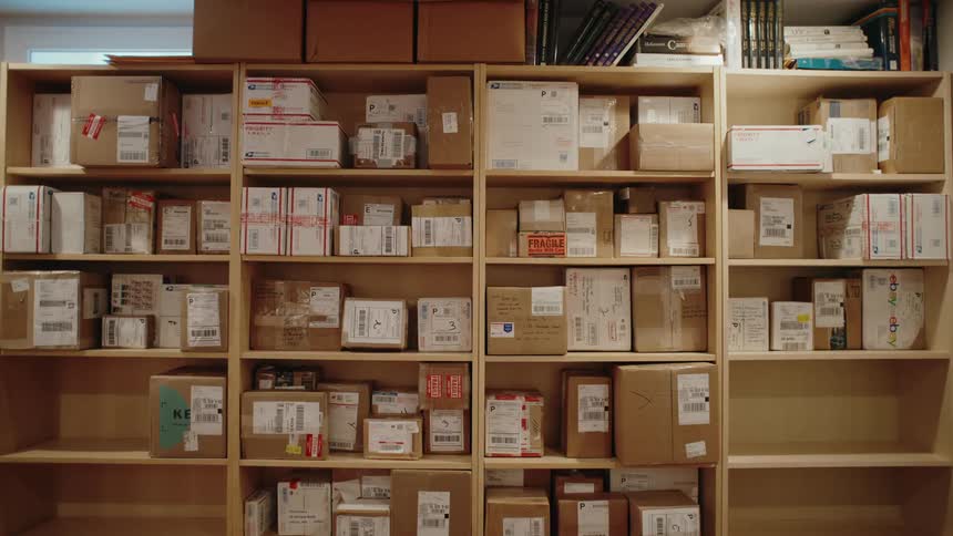 Wooden shelves with organized boxes