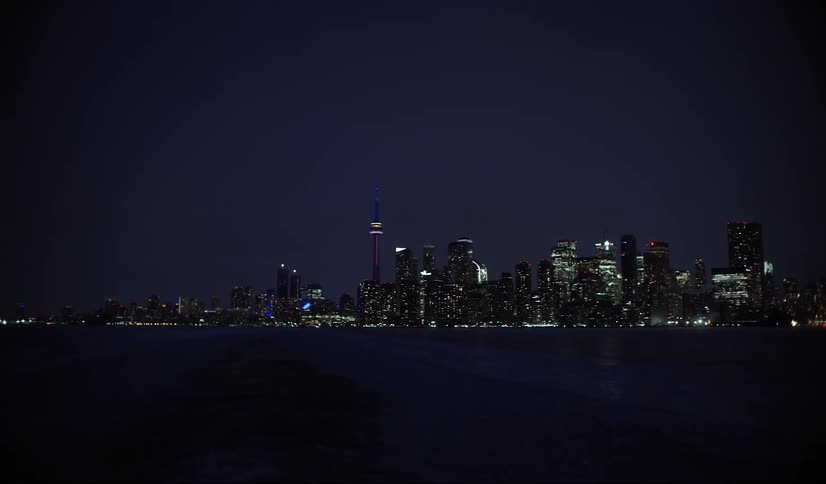 Landscape of the sea seen at night and in the background a metropolis of skyscrapers