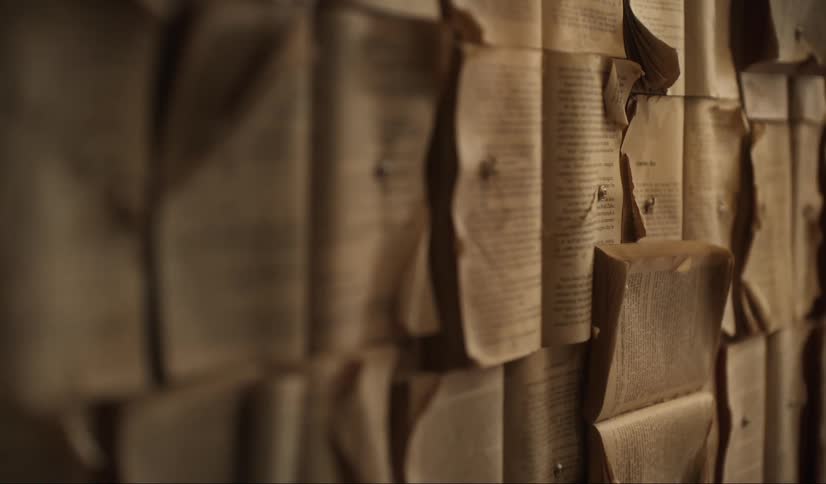 A wall covered with numerous old yellowed book pages that are pinned up with the pages curling and dog eared