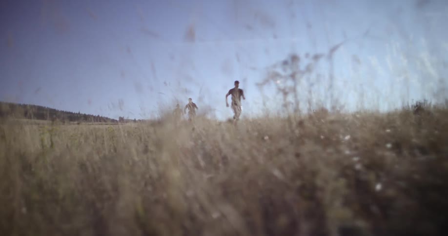 Four people are running through a grassland on a sunny summer day