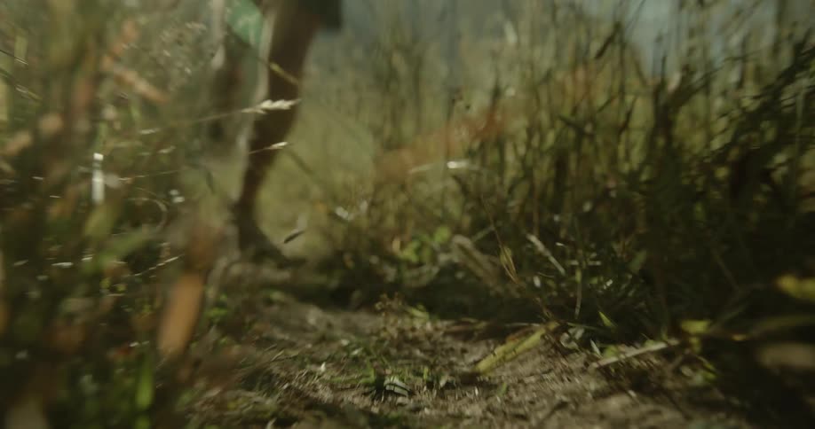 Feet of a person running on a trail