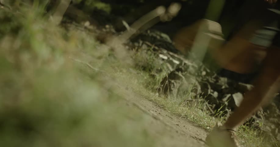 A person runs down a dirt path down the hill in a forest