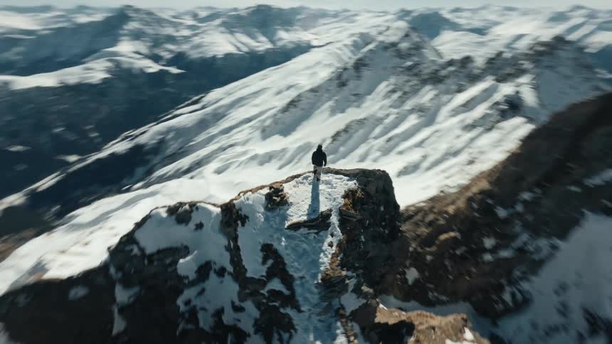 Aerial of a mountain climber standing on a summit on a partly sunny winter day