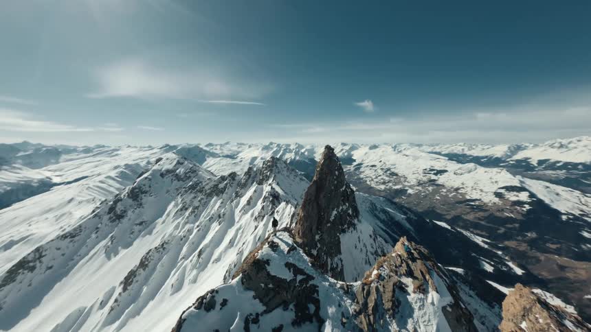 Aerial view of a person on a mountain peak and a cliff covered in snow
