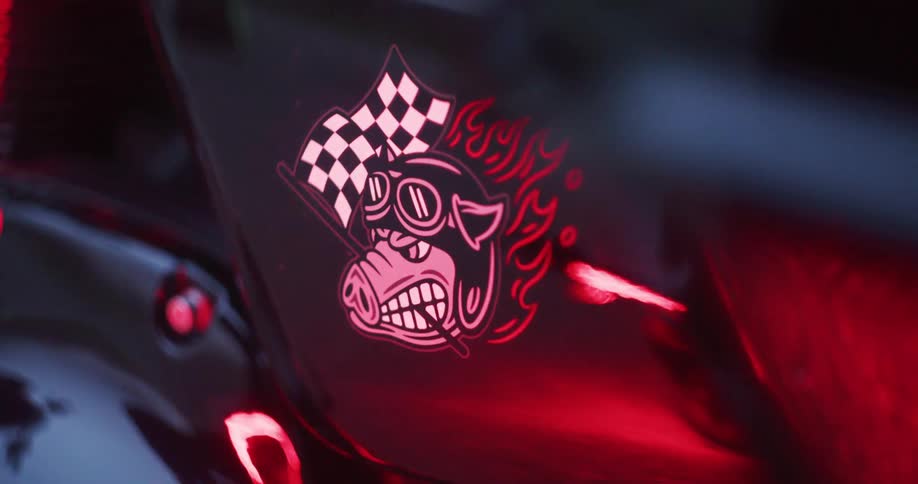Close up of a decorative image containing a pig and a checkered flag vibrates as a vehicle speeds along
