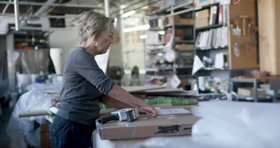 A mature blonde woman is standing in front of a cardboard box and sticking tape on top of it